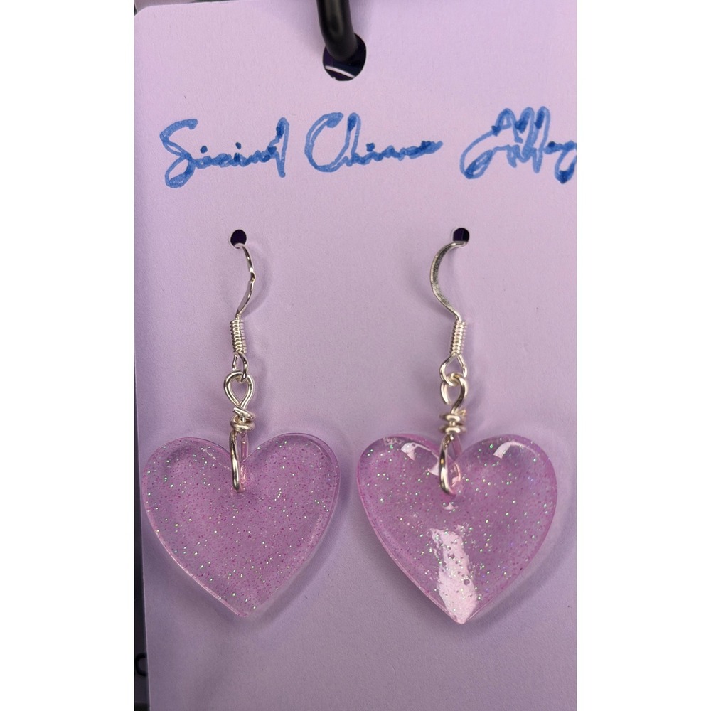 Handcrafted Purple Glitter Resin Heart Drop Earrings Silver Tone Hooks
